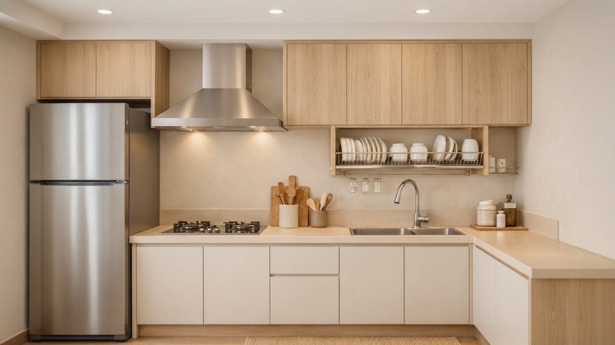 Dapur minimalis dengan warna netral hangat.