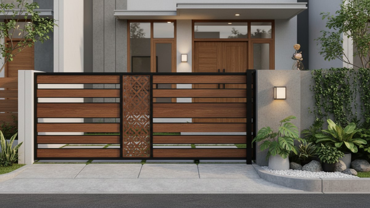 Pagar rumah modern dengan garis bersih, warna netral, dan kombinasi material lokal yang efisien.