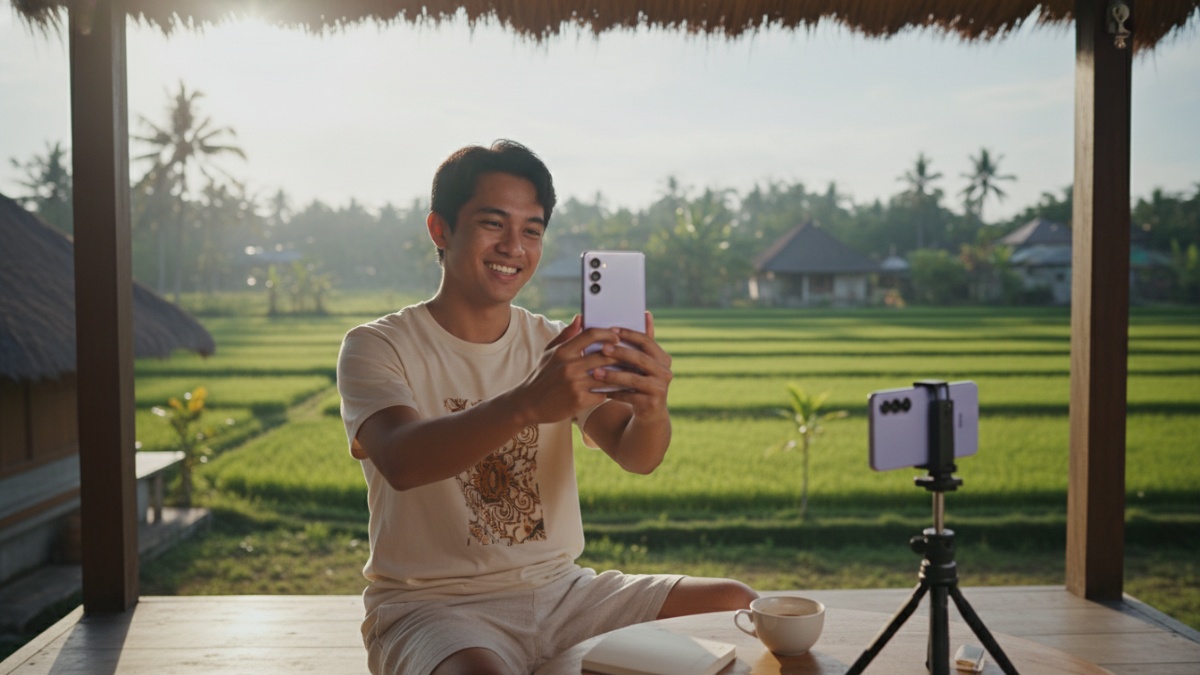 Kreator merekam vlog harian menggunakan Samsung Galaxy A54 dengan pencahayaan alami