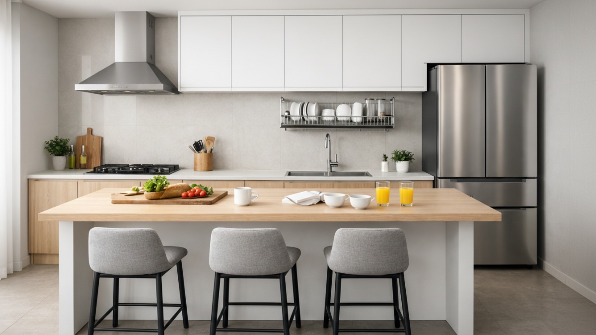 Desain dapur minimalis dengan meja multifungsi.