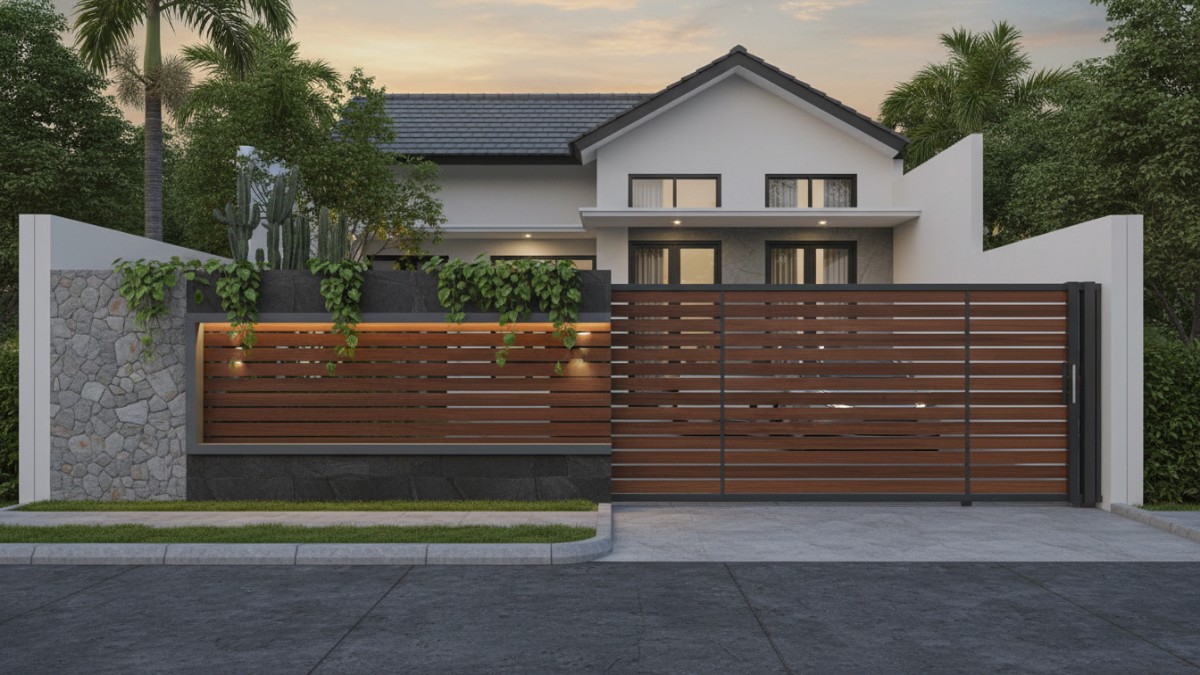 Pagar rumah modern dengan garis tegas, tekstur doff, dan pencahayaan minimalis yang memberi kesan elegan.