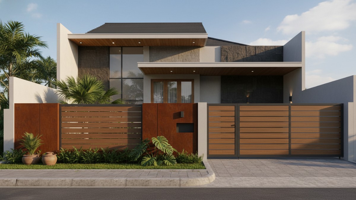 Garis pagar tegas menyatu dengan fasad rumah