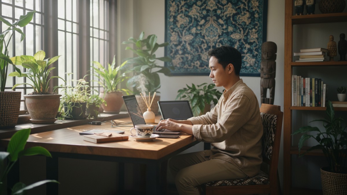 Laptop kerja modern digunakan di ruang kerja fleksibel dengan fokus pada kenyamanan dan produktivitas.