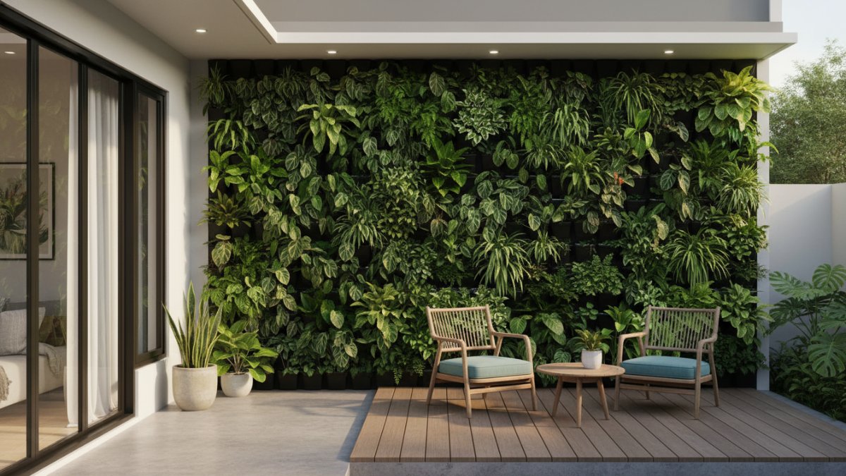 Taman vertikal modern mempercantik teras rumah minimalis dengan dinding hijau rapi dan terintegrasi.