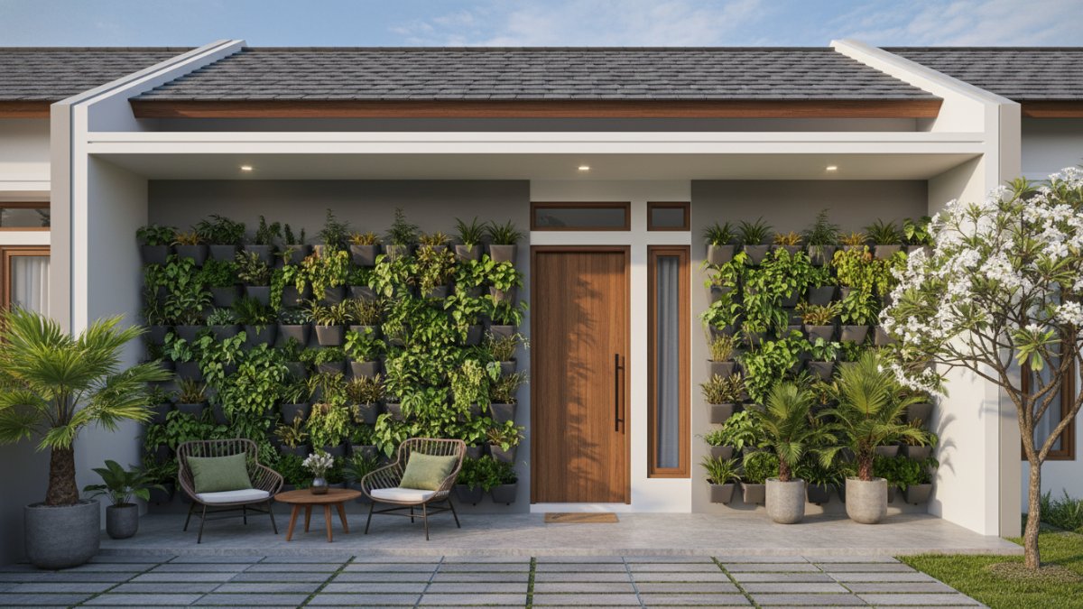 Panel modular taman vertikal menyatu dengan fasad rumah minimalis.