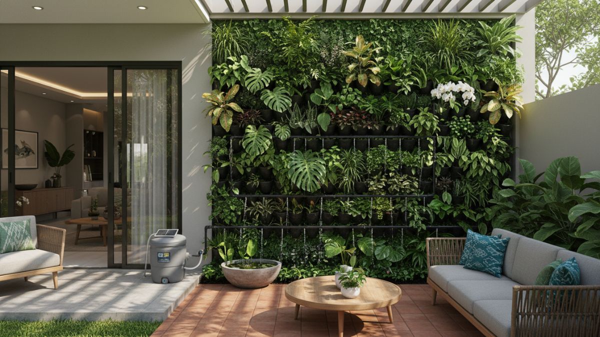 Sistem irigasi tetes otomatis mendukung perawatan taman vertikal.