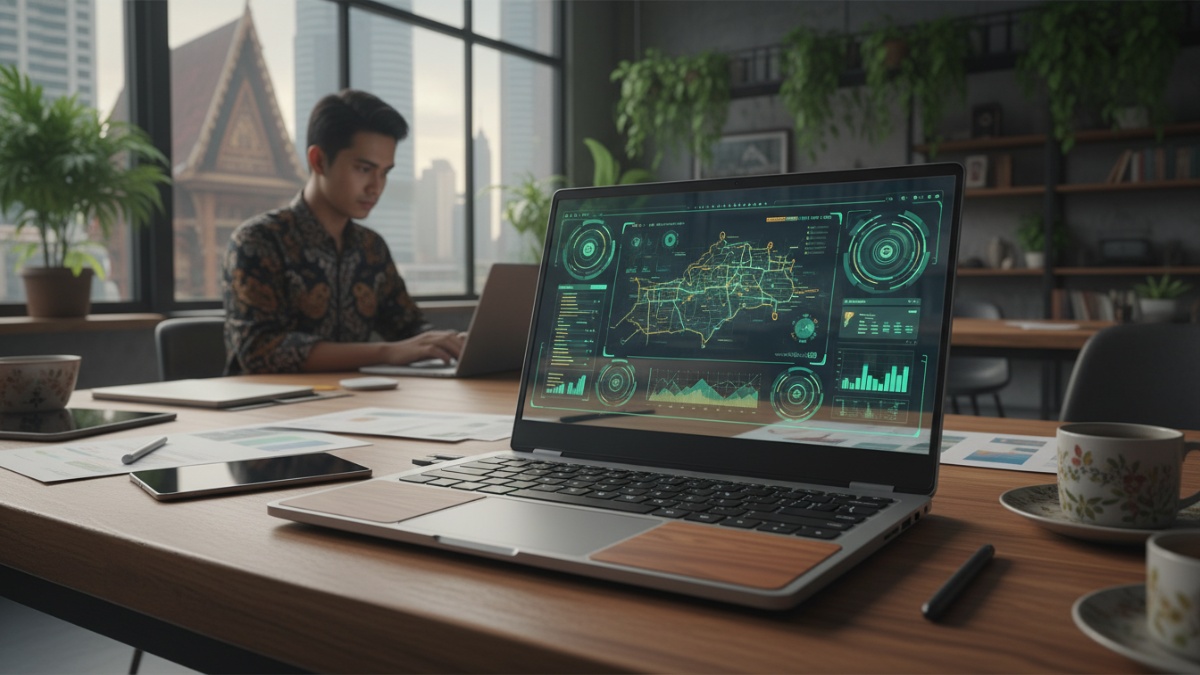 Laptop kerja modern 2026 digunakan untuk aktivitas profesional dengan tampilan bersih dan fungsional.