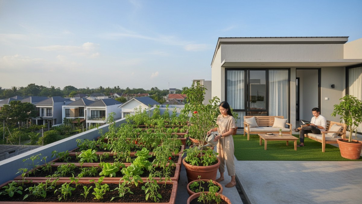Penataan zona duduk dan area tanam pada rooftop garden minimalis