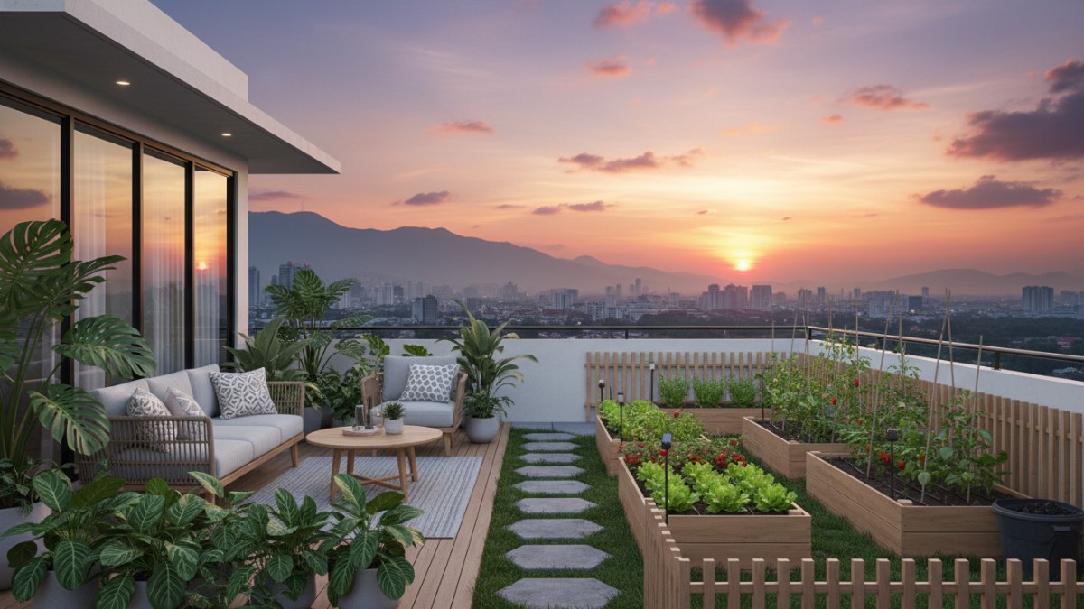Sayuran daun tumbuh rapi di pot ringan area rooftop