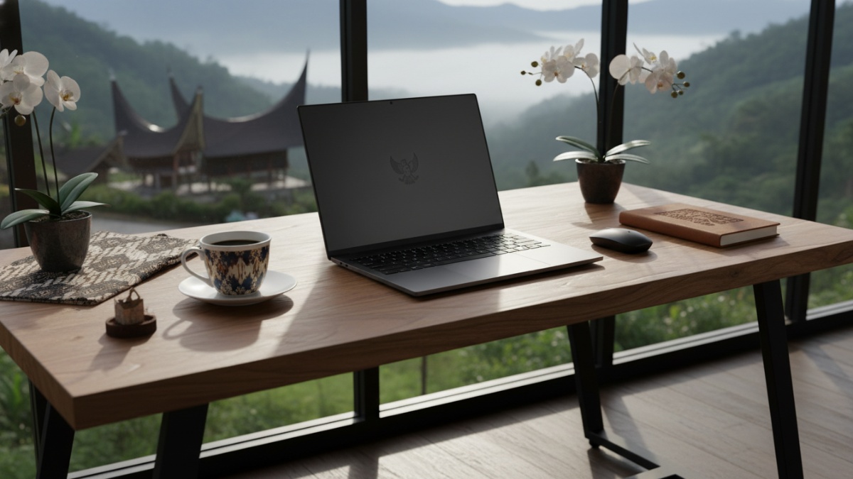 Laptop kerja di meja kerja modern mendukung produktivitas harian.