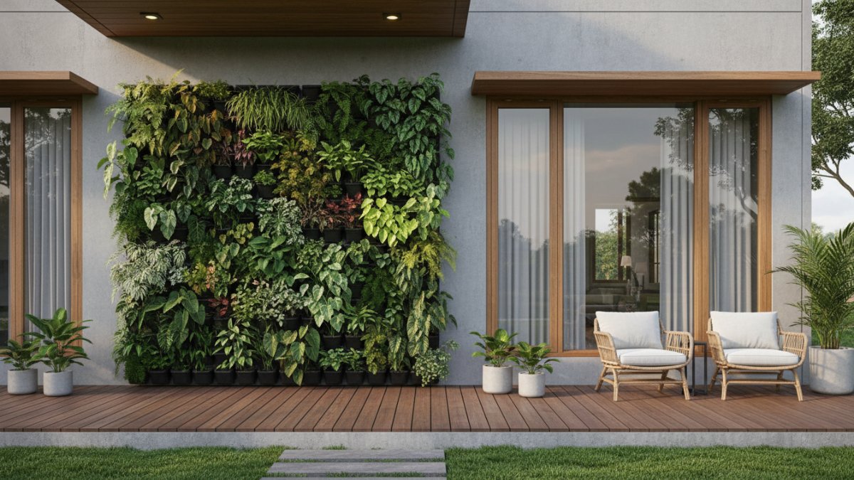 Taman vertikal modern memperindah teras rumah minimalis dengan desain rapi dan menyatu bangunan.