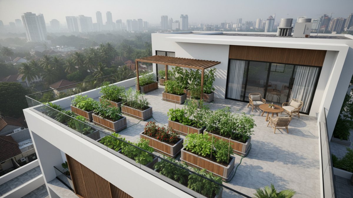 Rooftop garden multifungsi dengan area santai dan kebun sayur organik di atap rumah