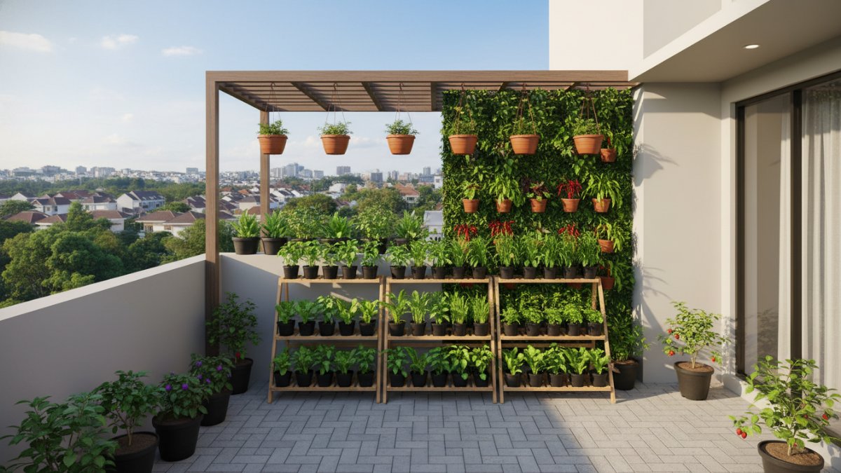 Material lantai outdoor bertekstur untuk kenyamanan rooftop garden.