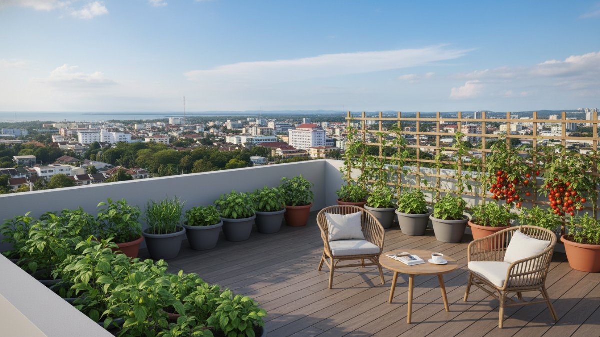 Rooftop garden dengan area duduk dan tanaman sayur tertata rapi sebagai ruang santai produktif.