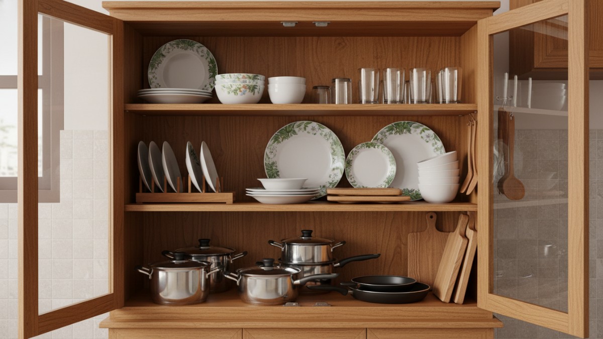 Peralatan dapur tersusun rapi di dalam lemari bersih dan kering.