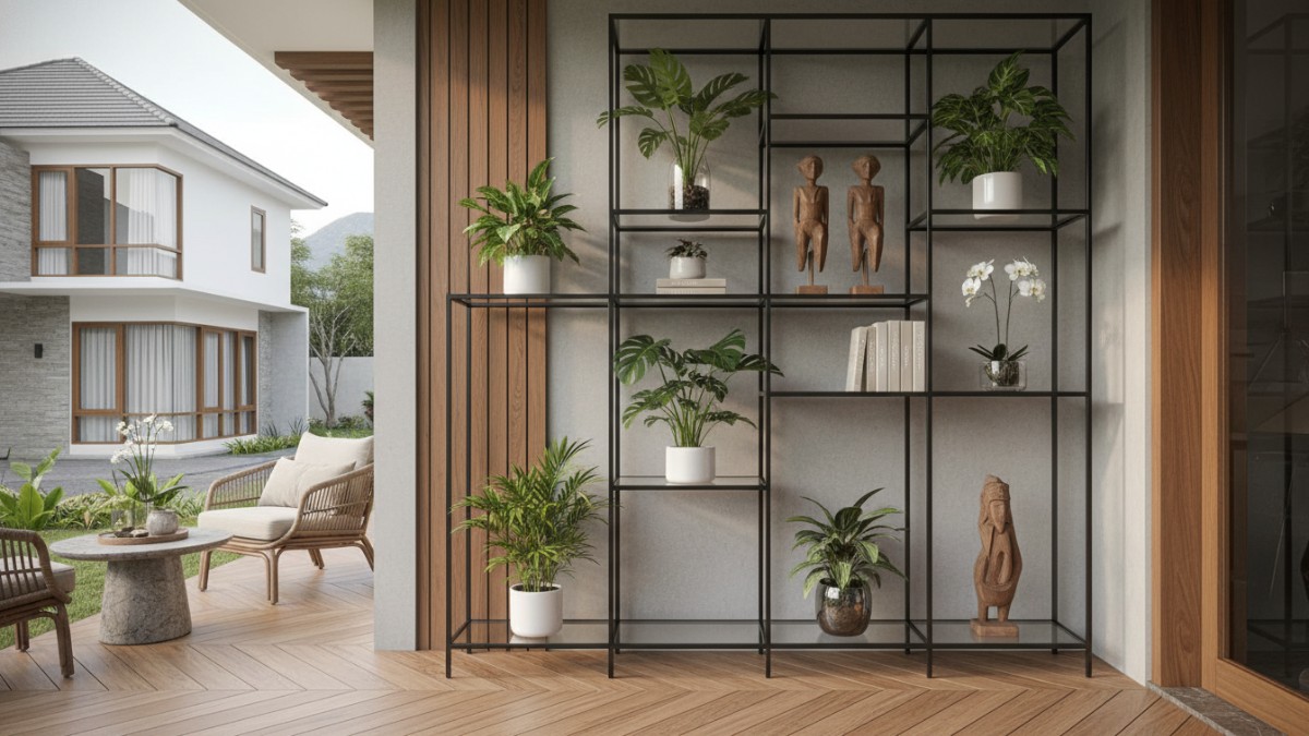 Rak kaca modern mempercantik interior rumah dengan kesan ringan dan elegan.