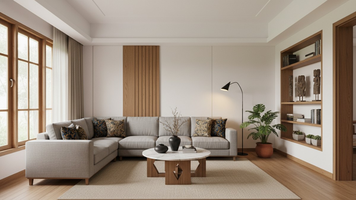 Ruang tamu minimalis elegan dengan furnitur ramping dan warna netral.