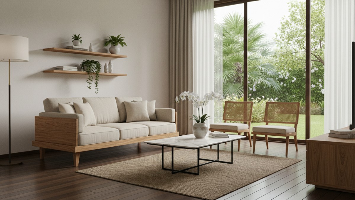 Sofa berkaki terbuka memperkuat kesan ringan dan modern.