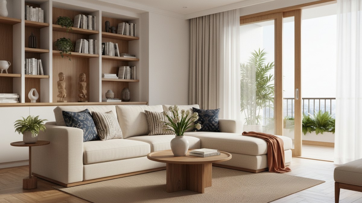 Ruang tamu minimalis modern dengan tata letak rapi dan furnitur sederhana.