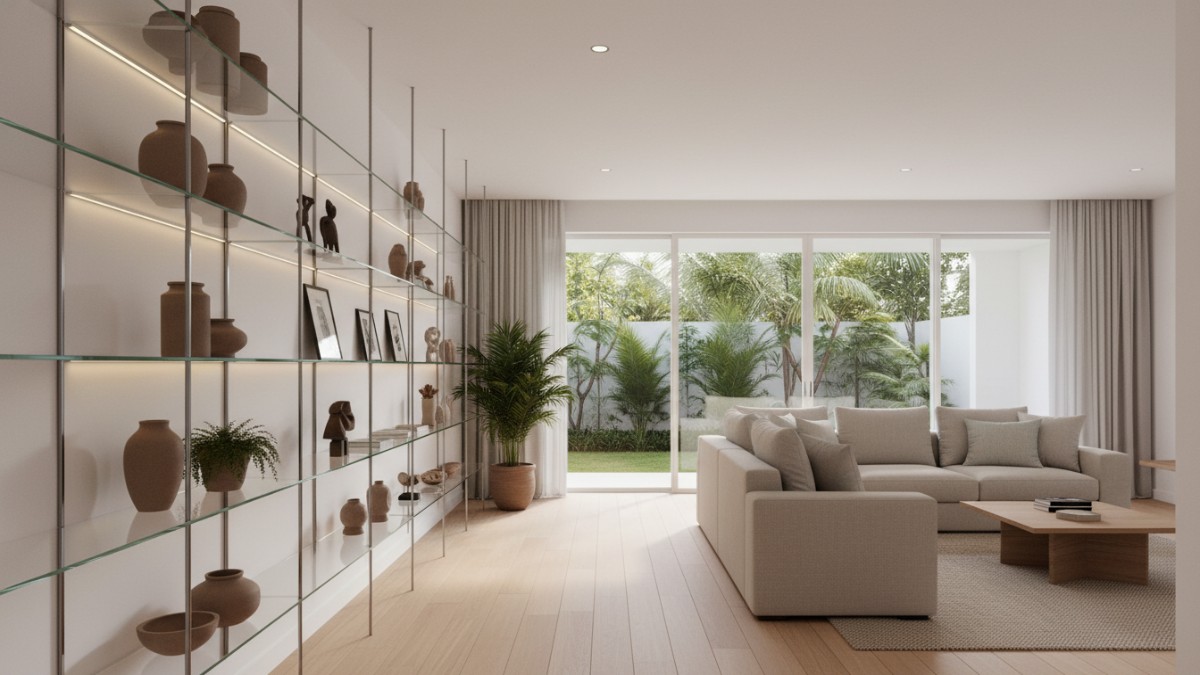 Rak kaca menyatu dengan interior modern dan pencahayaan alami.
