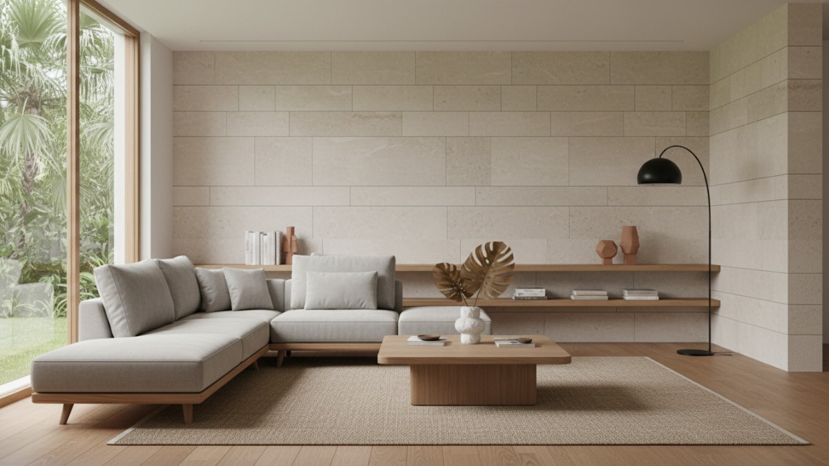 Furnitur bergaris bersih menciptakan tampilan modern dan lapang.