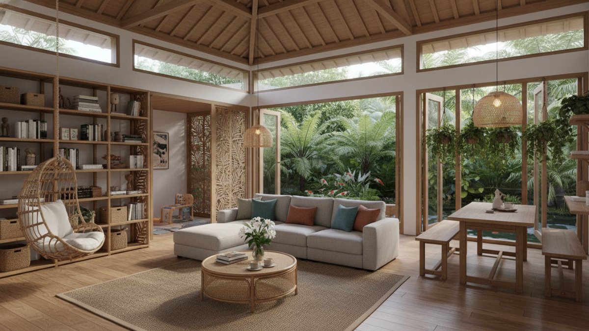 ruang keluarga multifungsi dengan furnitur adaptif dan zonasi visual alami.
