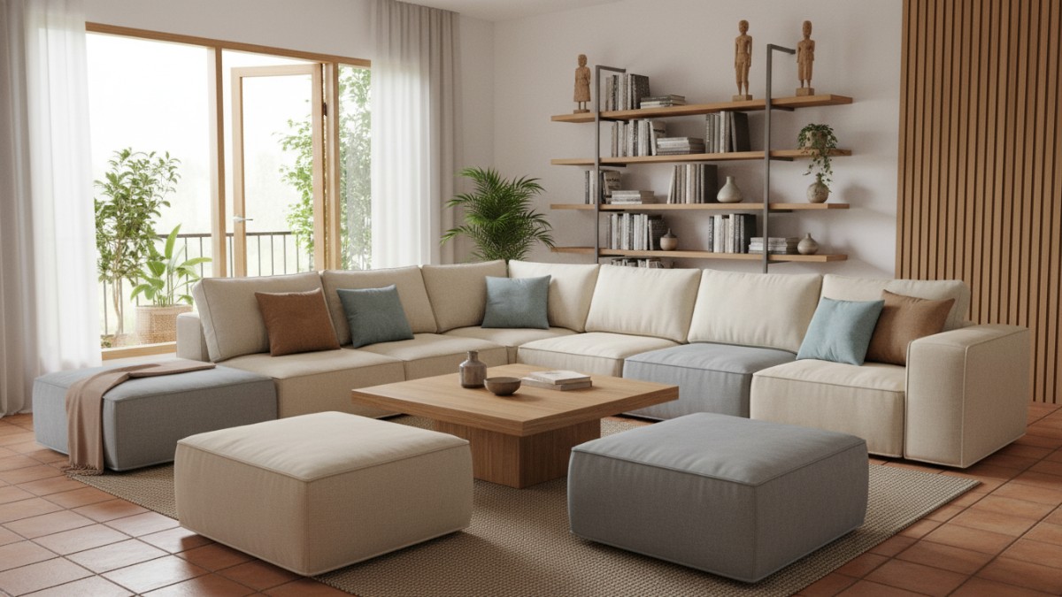 Penataan furnitur modular di ruang keluarga hunian kompak.