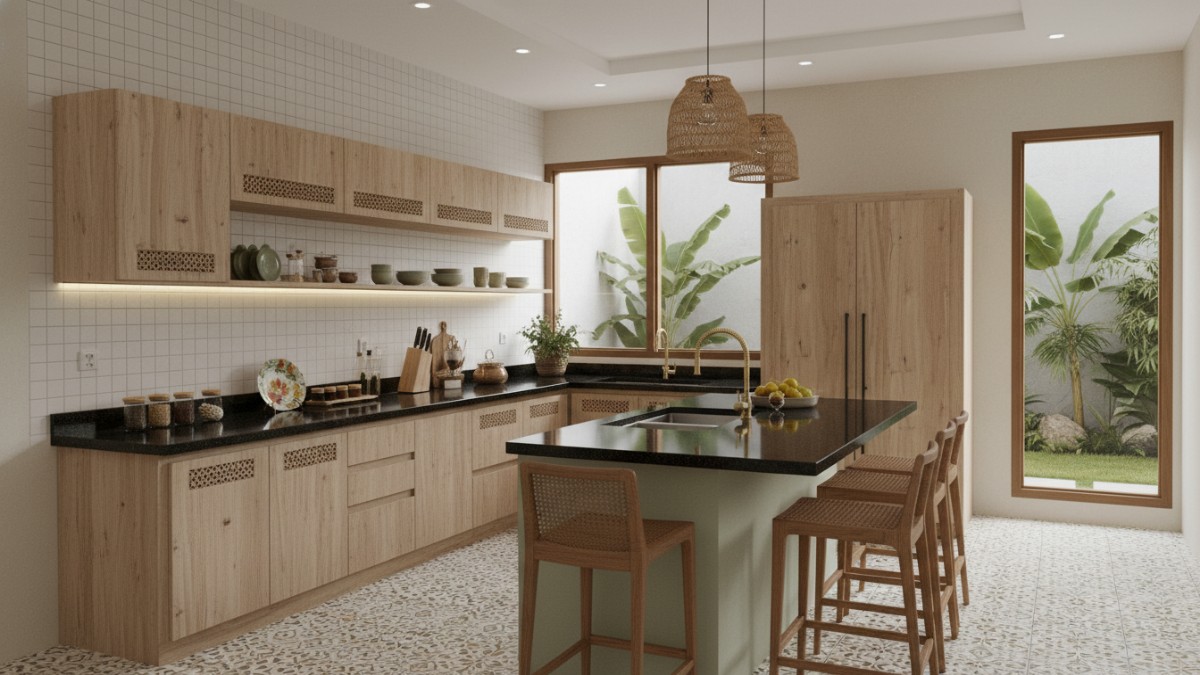 Kitchen set estetik dengan desain sederhana dan warna netral di dapur modern.