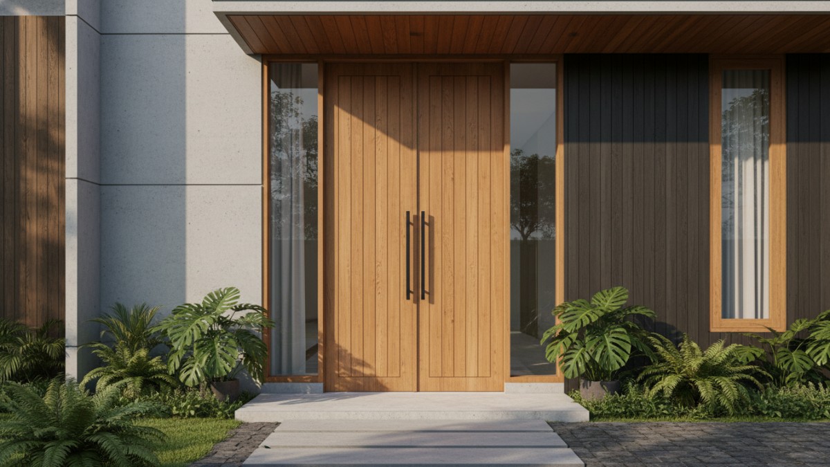 Gambaran pintu rumah modern dengan material kayu dan kaca yang menyatu dengan fasad hunian.