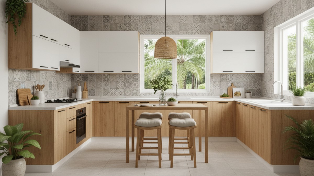 Material multipleks finishing rapi pada kitchen set rumah, Perpaduan warna terang dan tekstur kayu pada dapur.