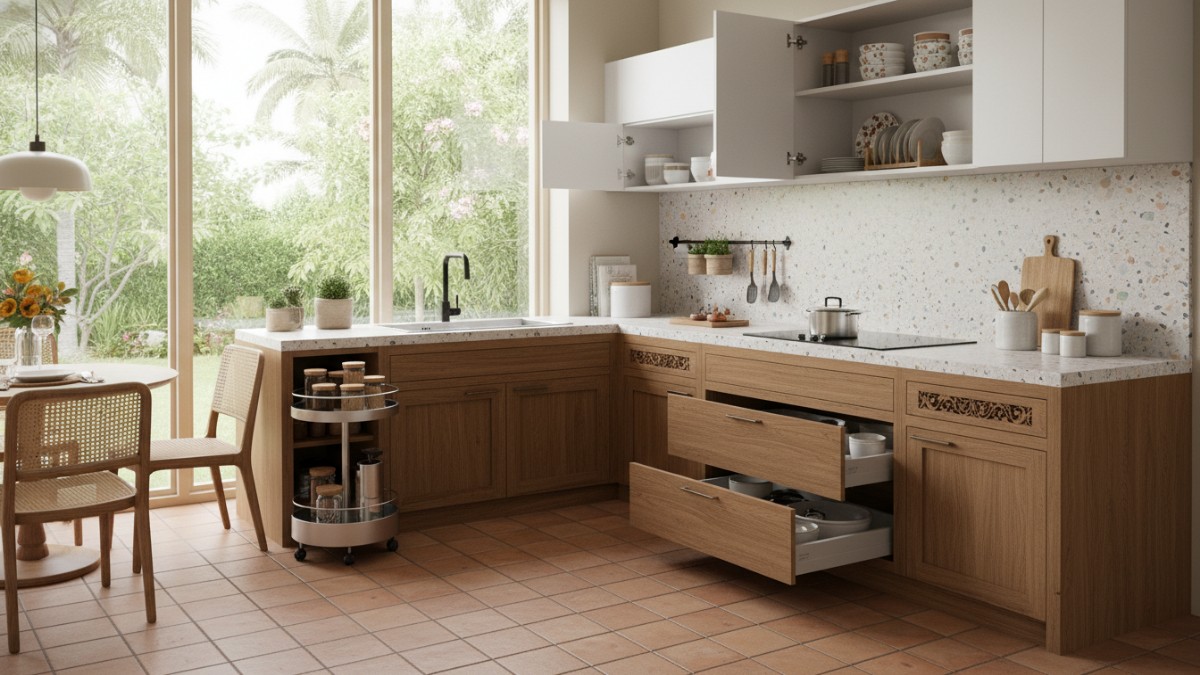 Laci dan kabinet fungsional meningkatkan kenyamanan dapur.