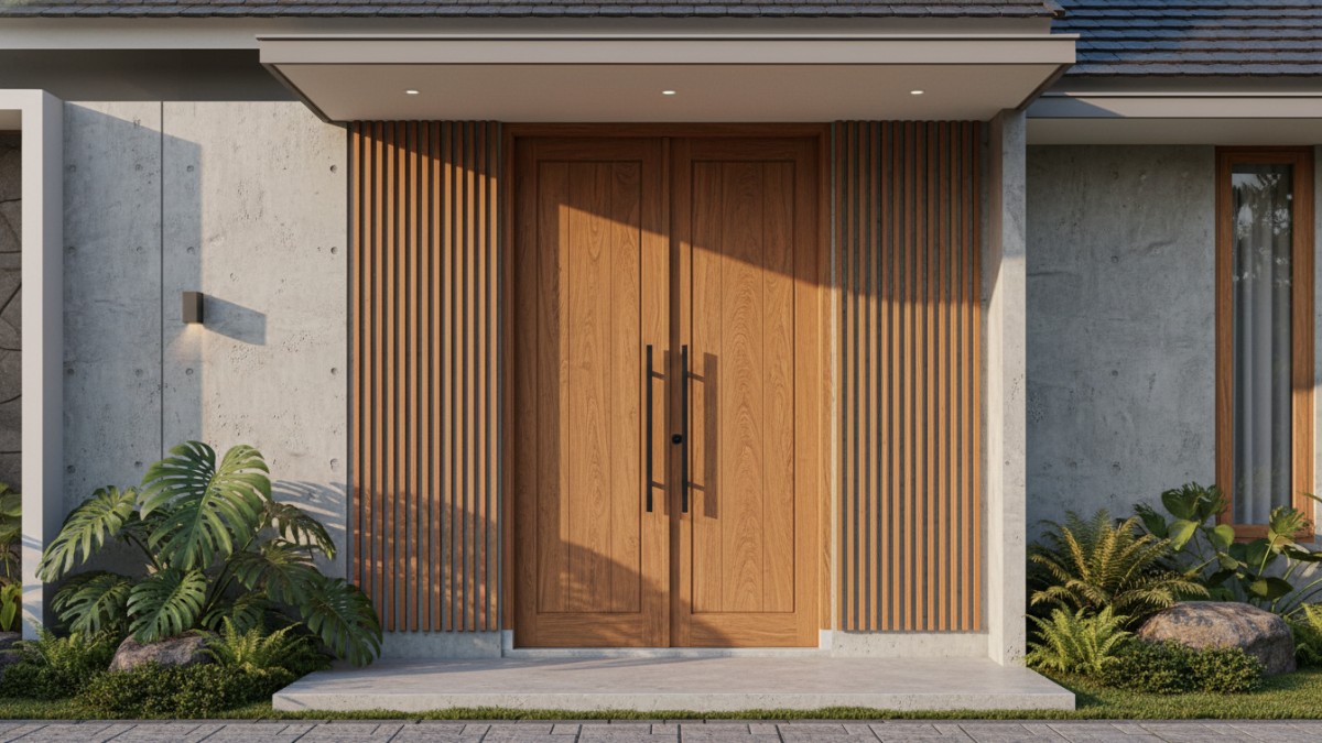 &ndash; Detail material pintu kayu solid pada fasad rumah