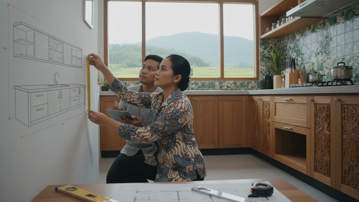 Pengukuran ruang dapur sebelum pemasangan kitchen set.