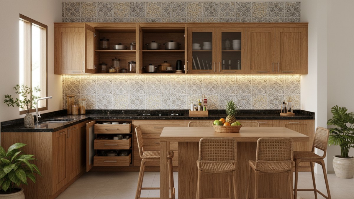 Kabinet dapur dengan sistem penyimpanan terorganisir, Detail handle minimalis dan pencahayaan kabinet dapur.