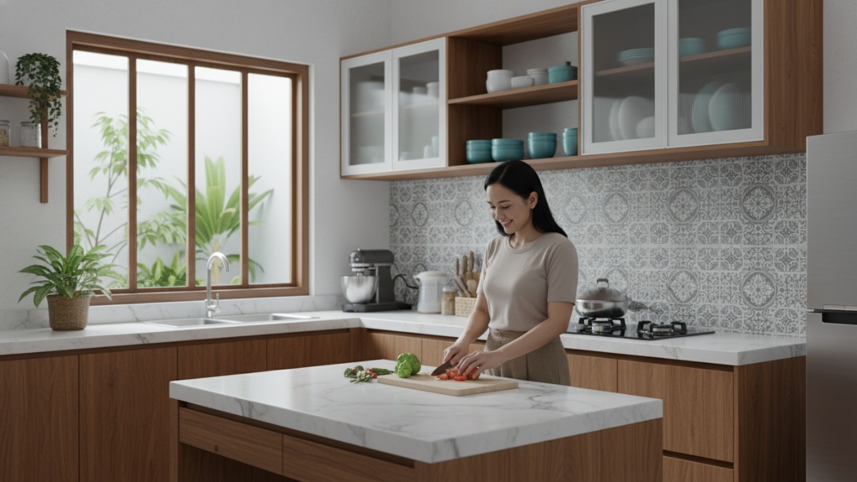 Meja kerja dapur ergonomis menunjang kenyamanan memasak.