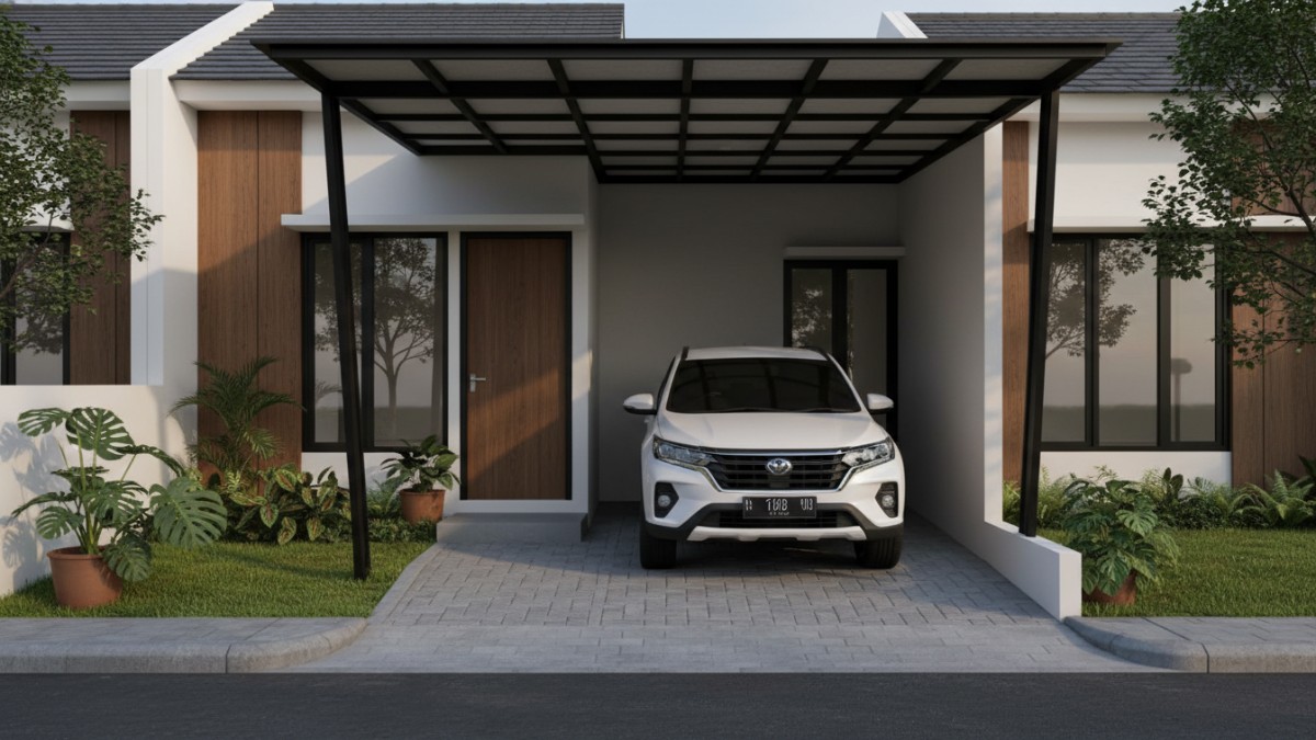 Carport terbuka menjadi solusi efisien karena tidak menambah massa bangunan utama