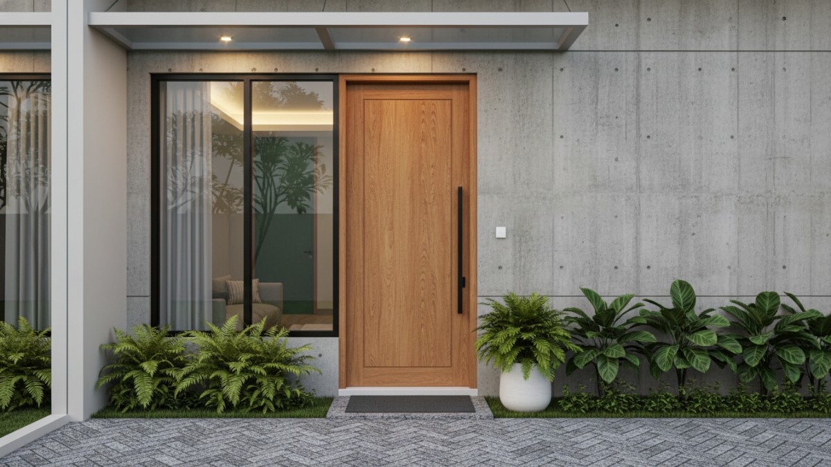 Tampilan pintu rumah modern yang menyatu dengan fasad hunian, menciptakan kesan pertama yang rapi dan berkarakter.