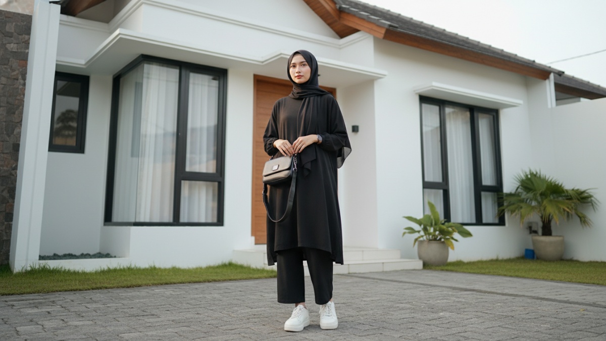 Ilustrasi OOTD hijab hitam modern dengan siluet clean dan tekstur seimbang.