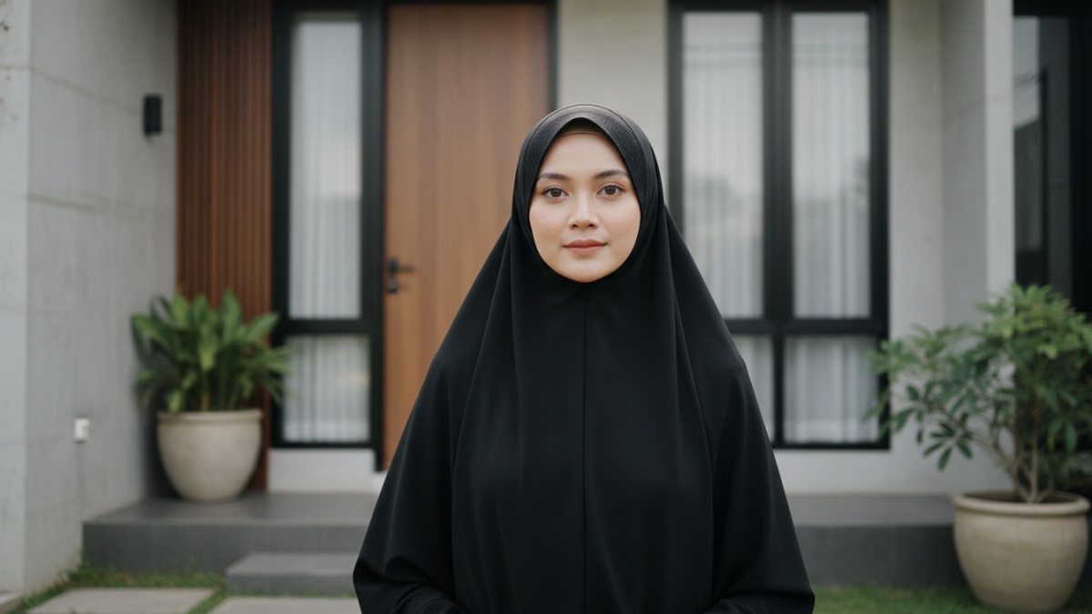 Tampilan hijab hitam dengan potongan lurus dan proporsi seimbang.