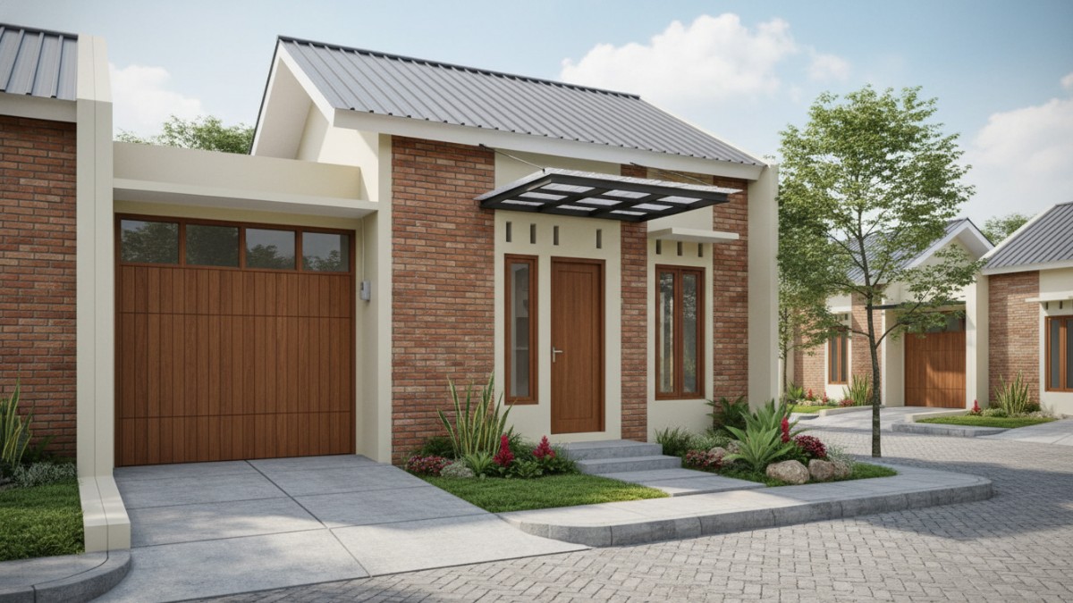 rumah tipe 21 dengan garasi terintegrasi di area depan