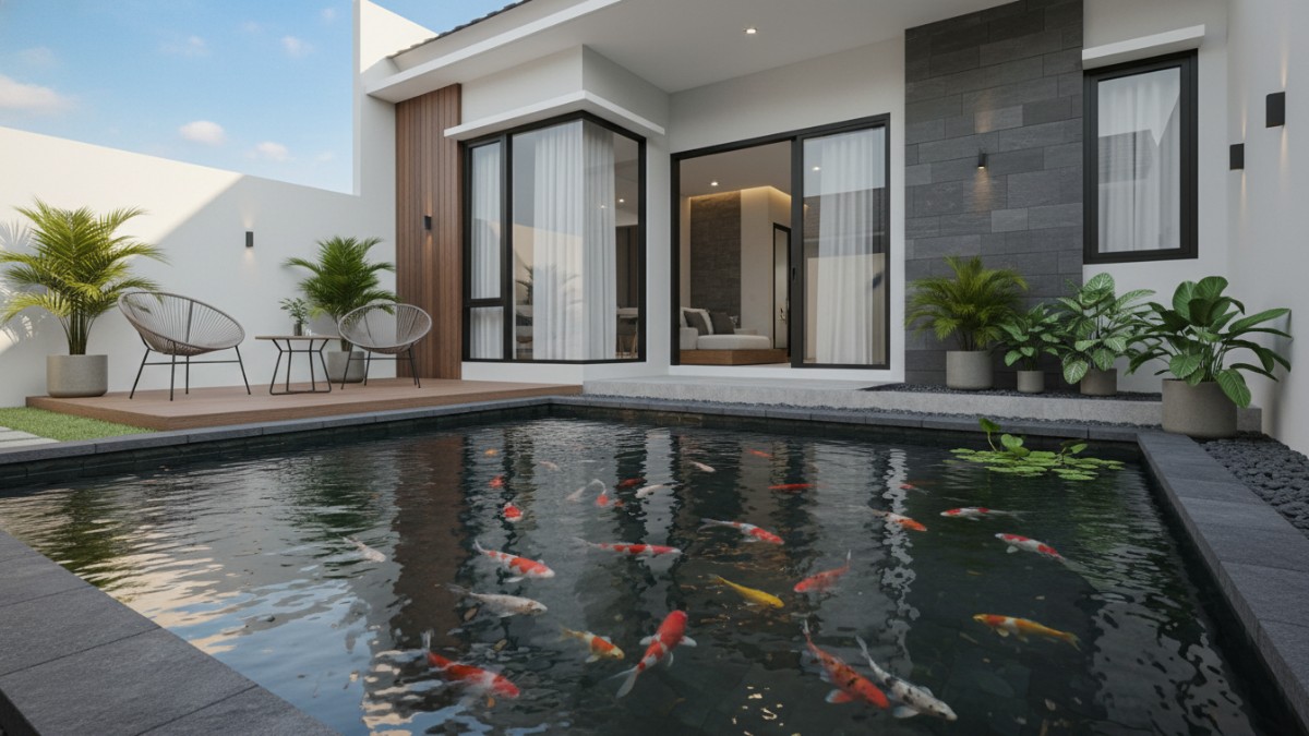 Ikan hias memperkaya visual kolam minimalis.