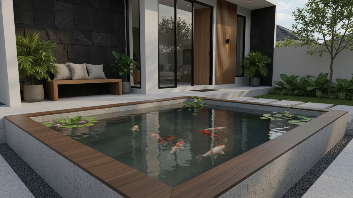 Bentuk kolam geometris menyatu dengan fasade rumah.