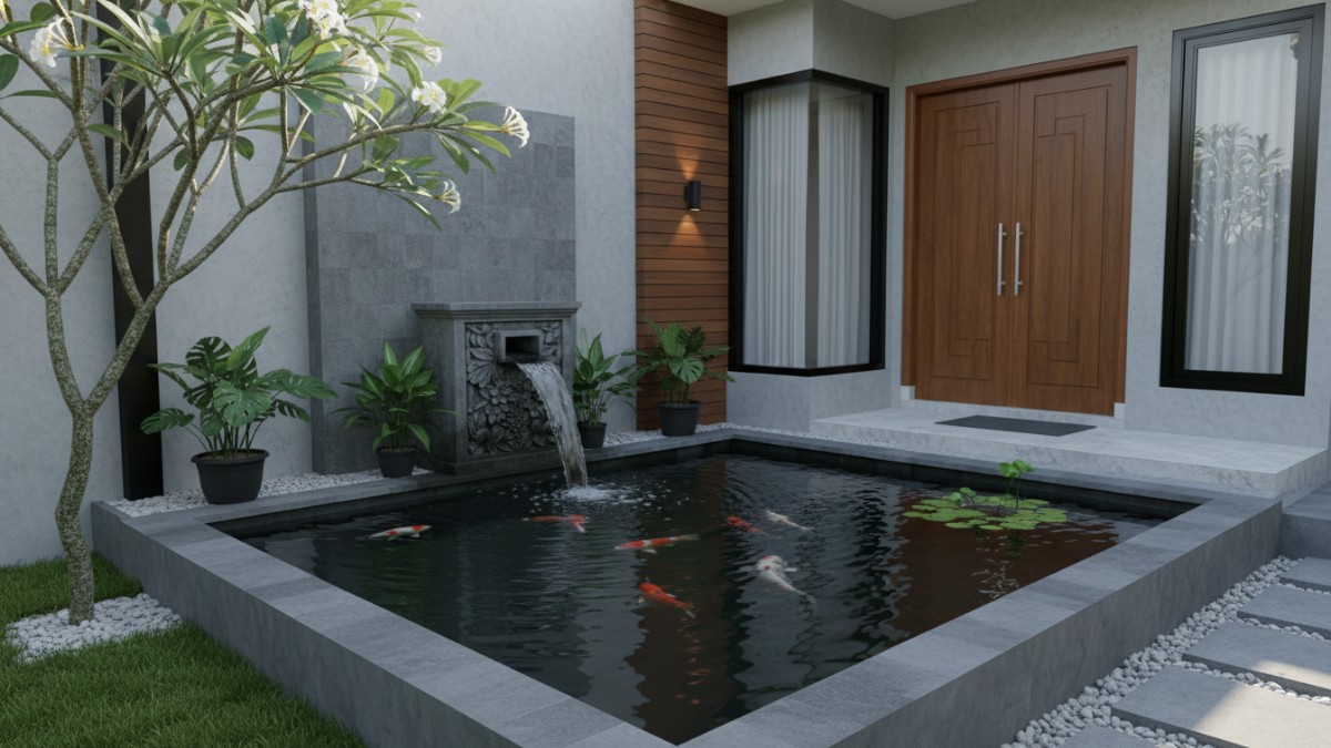 Kolam ikan minimalis di sudut depan rumah bergaya modern.