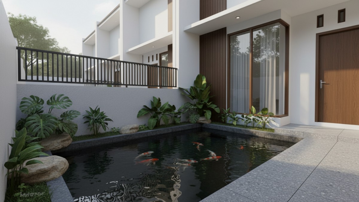 Sudut depan rumah dimanfaatkan sebagai area kolam ikan.