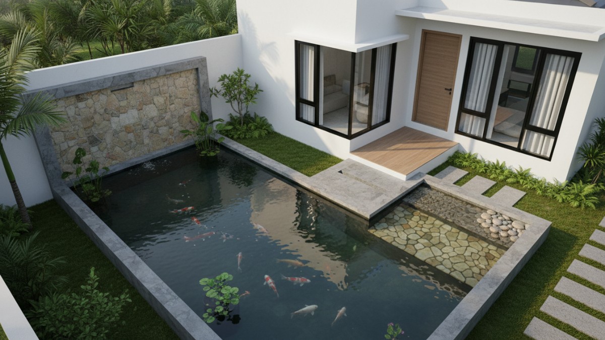 Material batu natural memperkuat kesan modern kolam.