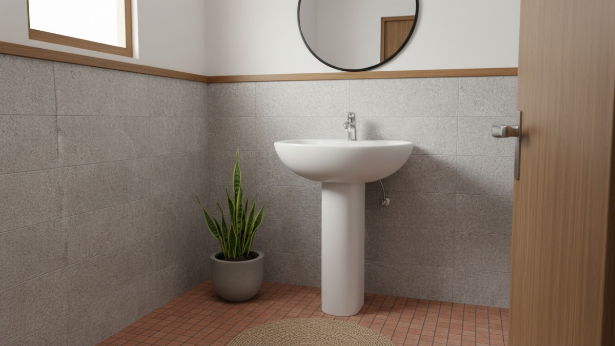 Wastafel pedestal untuk kamar mandi berukuran kecil.