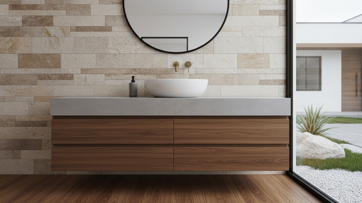 Wastafel tanam atas pada countertop modern.