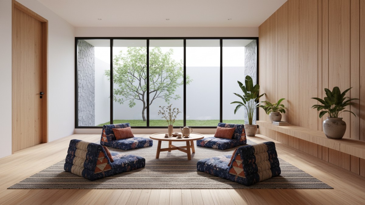 Ruang tamu tanpa kursi dengan karpet tebal dan meja rendah menciptakan kesan lapang dan modern.