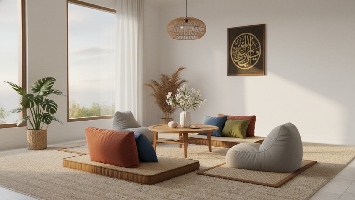 Bantal duduk senada menjaga estetika ruang tetap rapi.