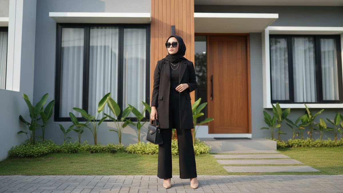 Ilustrasi OOTD hijab hitam dengan gaya classy dan modern.